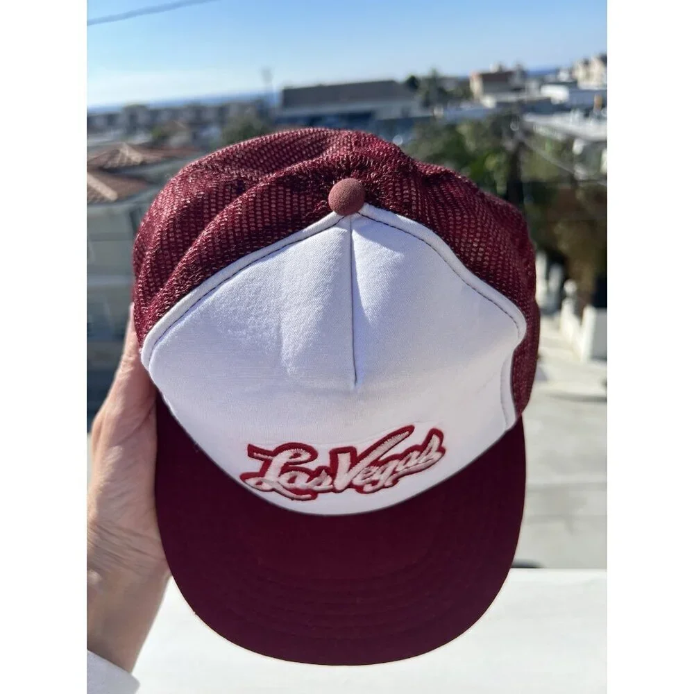 Vintage 70s Las Vegas Nevada embroidered scripted maroon mesh trucker hat